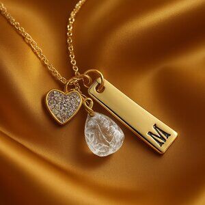 Gold Charm Necklace w/ Crystal Heart, "M" Engraved Tag & Teardrop Quartz Pendant